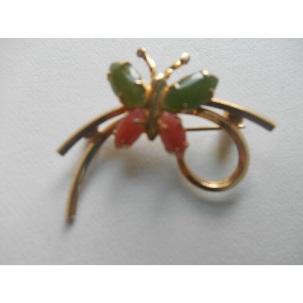 Vintage Star-Art Coral and Jade 14k Gold Filled Brooch